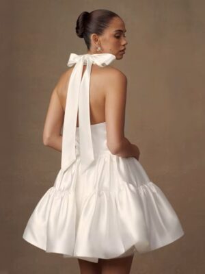 Simple Ivory Satin Mini Wedding Dress Sleeveless Pleat Halter Ball Gown Sexy Backless with Lace Up Short Bride Dress Customized 5 S0aabaa5d8e874ffd8578470e47a9d440b Cropped