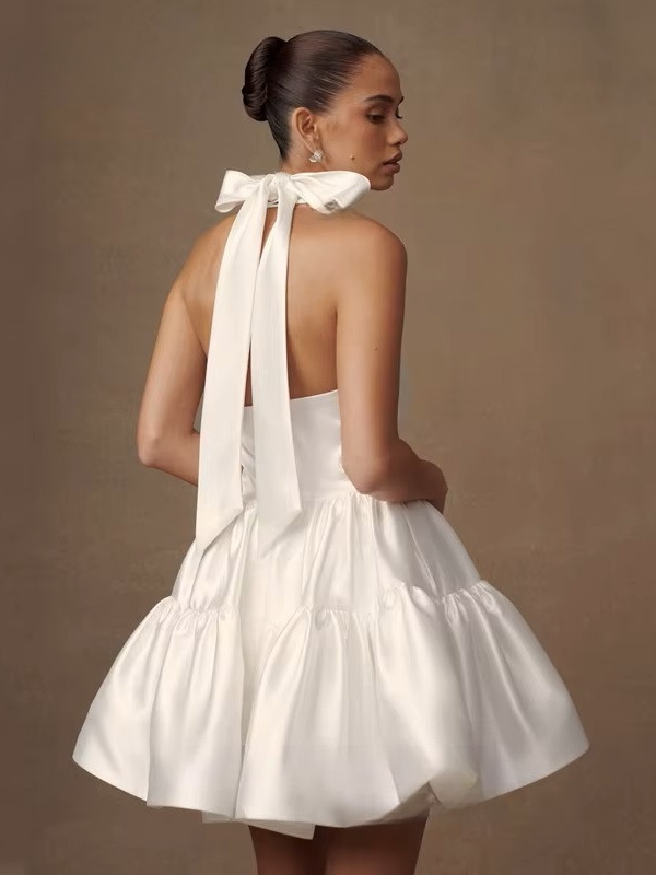 Simple Ivory Satin Mini Wedding Dress Sleeveless Pleat Halter Ball Gown Sexy Backless with Lace Up Short Bride Dress Customized 3 Simple Ivory Satin Mini Wedding Dress Sleeveless Pleat Halter Ball Gown Sexy Backless with Lace Up Short Bride Dress Customized - Image 3