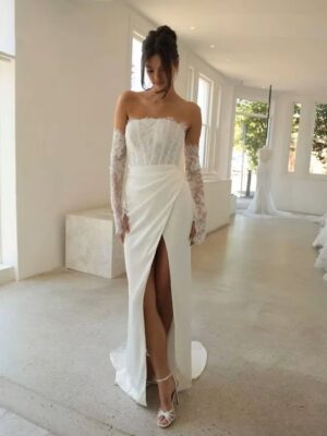 SoDigne Mermaid Boho Wedding Dresses Strapless Satin/Lace Bridal Dress Split Long Beach Wedding Gown Robe De Mairee Customized