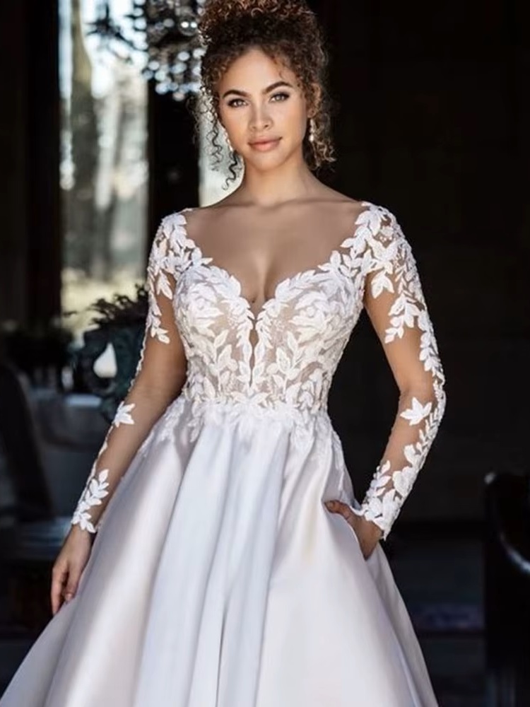 SoDigne Backless Boho Wedding Dresses With Pockets Long Sleeves V Neck Lace Bridal Dress Satin Bride Gowns Customized 3 SoDigne Backless Boho Wedding Dresses With Pockets Long Sleeves V Neck Lace Bridal Dress Satin Bride Gowns Customized - Image 3