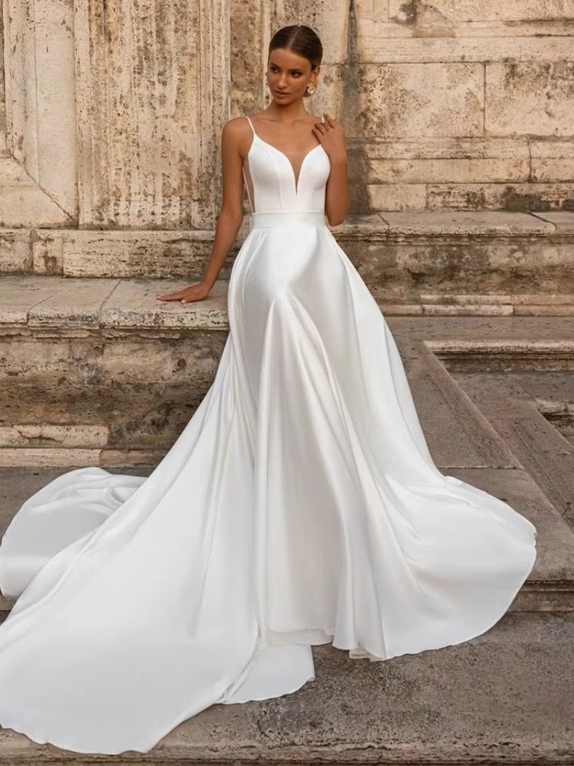 Elegant Wedding Dress For Woman Sweetheart-Neck A-Line Spaghetti Straps Open Back Bride Gown Train Vestidos De Novia Customized 3 Elegant Wedding Dress For Woman Sweetheart-Neck A-Line Spaghetti Straps Open Back Bride Gown Train Vestidos De Novia Customized - Image 3