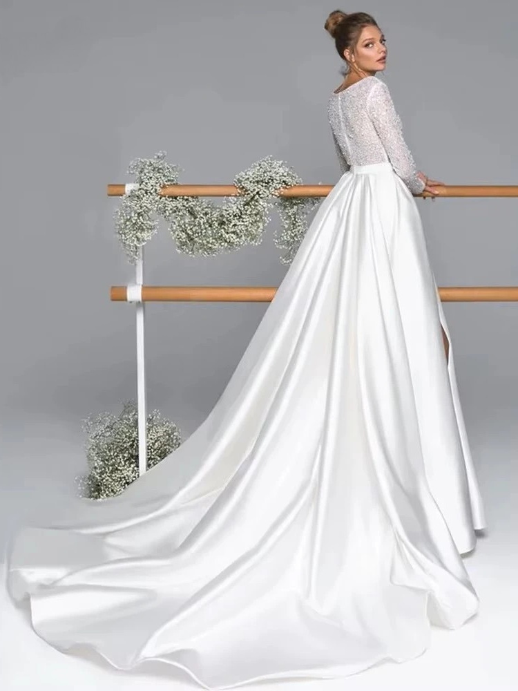 Luxury Long Sleeve Satin Wedding Dress Deep V-Neck Side Split Bridal Gown Vestido De Novia Train Vestidos De Novia Customized 2 Luxury Long Sleeve Satin Wedding Dress Deep V-Neck Side Split Bridal Gown Vestido De Novia Train Vestidos De Novia Customized - Image 2