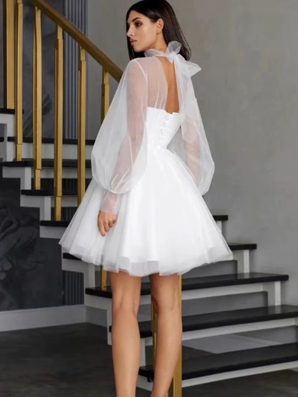White Short Wedding Dresses for Women 2025 Bride A Line Wedding Gown Long Puff Sleeve Illusion High Collar Sweetie Customized 2 White Short Wedding Dresses for Women 2025 Bride A Line Wedding Gown Long Puff Sleeve Illusion High Collar Sweetie Customized - Image 2