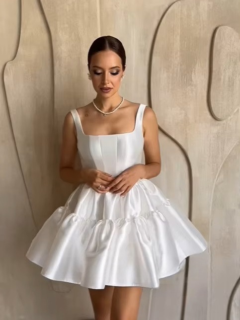 SoDigne Simple Short Wedding Dresses A-line Square Collar Bride Dress Mini Satin Bridal Gown Vestido De Noiva Customized 2 SoDigne Simple Short Wedding Dresses A-line Square Collar Bride Dress Mini Satin Bridal Gown Vestido De Noiva Customized - Image 2