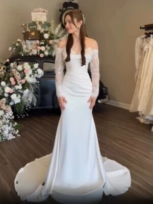 SoDigne Mermaid Satin/Lace Wedding Dresses Off Shoulder Long Sleeves Bridal Dress 2026 Bride Gown vestidos de novia Customized