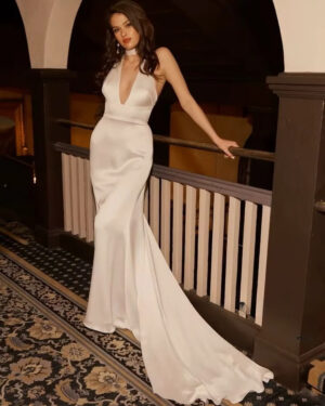 SoDigne Mermaid Simple Satin Wedding Dresses Halter Sleeveless Bridal Dress Long Bride Gown vestidos de novia Customized