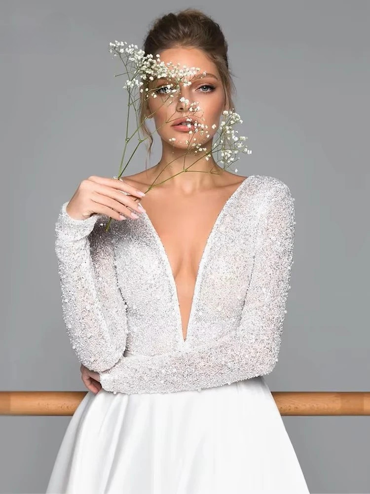 Luxury Long Sleeve Satin Wedding Dress Deep V-Neck Side Split Bridal Gown Vestido De Novia Train Vestidos De Novia Customized 3 Luxury Long Sleeve Satin Wedding Dress Deep V-Neck Side Split Bridal Gown Vestido De Novia Train Vestidos De Novia Customized - Image 3