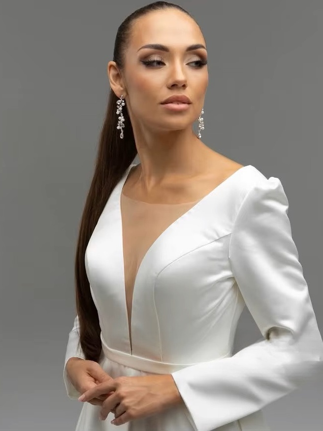 SoDigne A-line Satin Wedding Dresses V-neck Full Sleeves Bride Dress Elegant Long Wedding Gown vestidos de novia Customized 2 SoDigne A-line Satin Wedding Dresses V-neck Full Sleeves Bride Dress Elegant Long Wedding Gown vestidos de novia Customized - Image 2