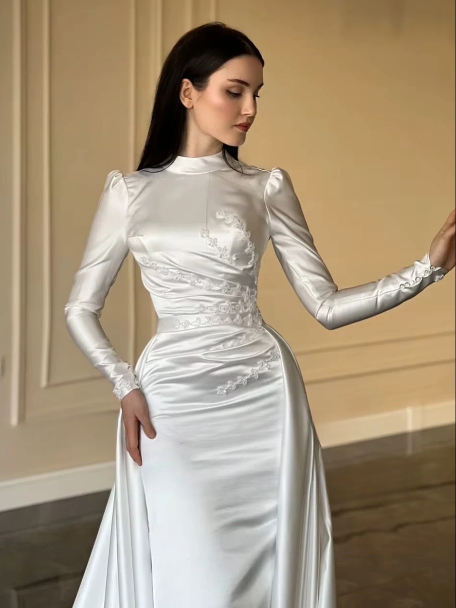 SoDigne Mermaid Satin Wedding Dresses High Neck Full Sleeves Bridal Dress Detachable Train Bride Gown Robe De Mairee Customized 2 SoDigne Mermaid Satin Wedding Dresses High Neck Full Sleeves Bridal Dress Detachable Train Bride Gown Robe De Mairee Customized - Image 2