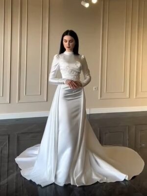SoDigne Mermaid Satin Wedding Dresses High Neck Full Sleeves Bridal Dress Detachable Train Bride Gown Robe De Mairee ﻿Customized
