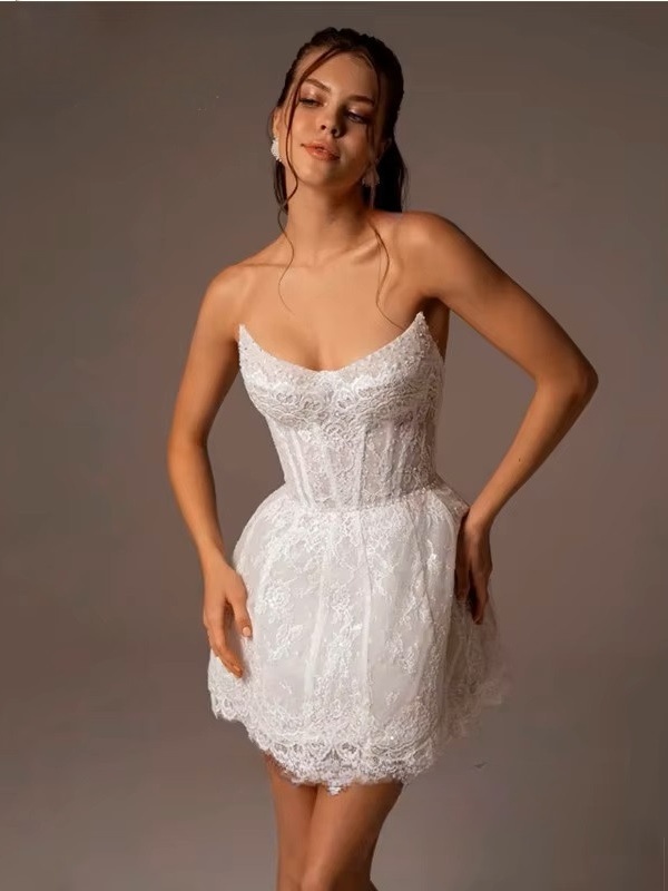 Vintage A-Line Lace Appliques Mini Wedding Dress For Women Simple High Neck Illusion Long Sleeves Gown Short Dress Customized 4 Vintage A-Line Lace Appliques Mini Wedding Dress For Women Simple High Neck Illusion Long Sleeves Gown Short Dress Customized - Image 4