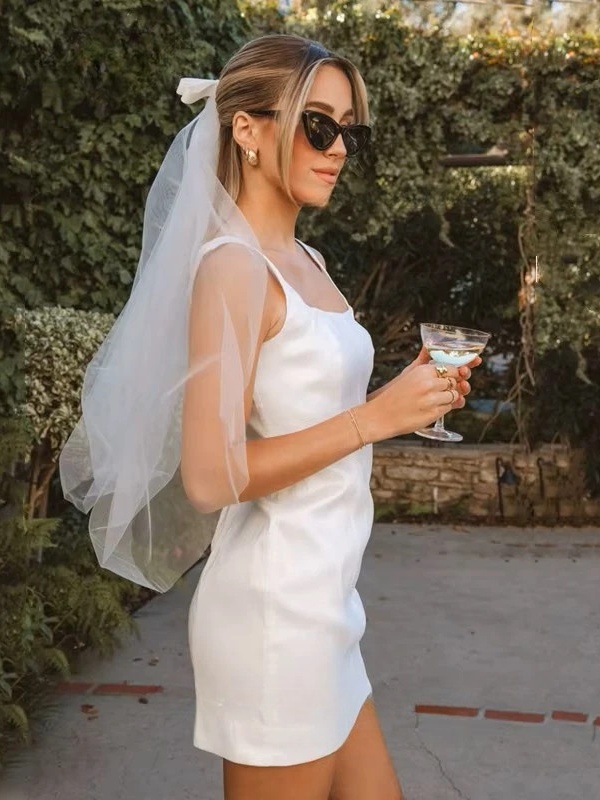 Simple Mini Satin Sleeveless Wedding Dress Square Collar Pleat Spaghetti Straps Sexy Open Back Grown 2025 Short Dress Customized 3 Simple Mini Satin Sleeveless Wedding Dress Square Collar Pleat Spaghetti Straps Sexy Open Back Grown 2025 Short Dress Customized - Image 3