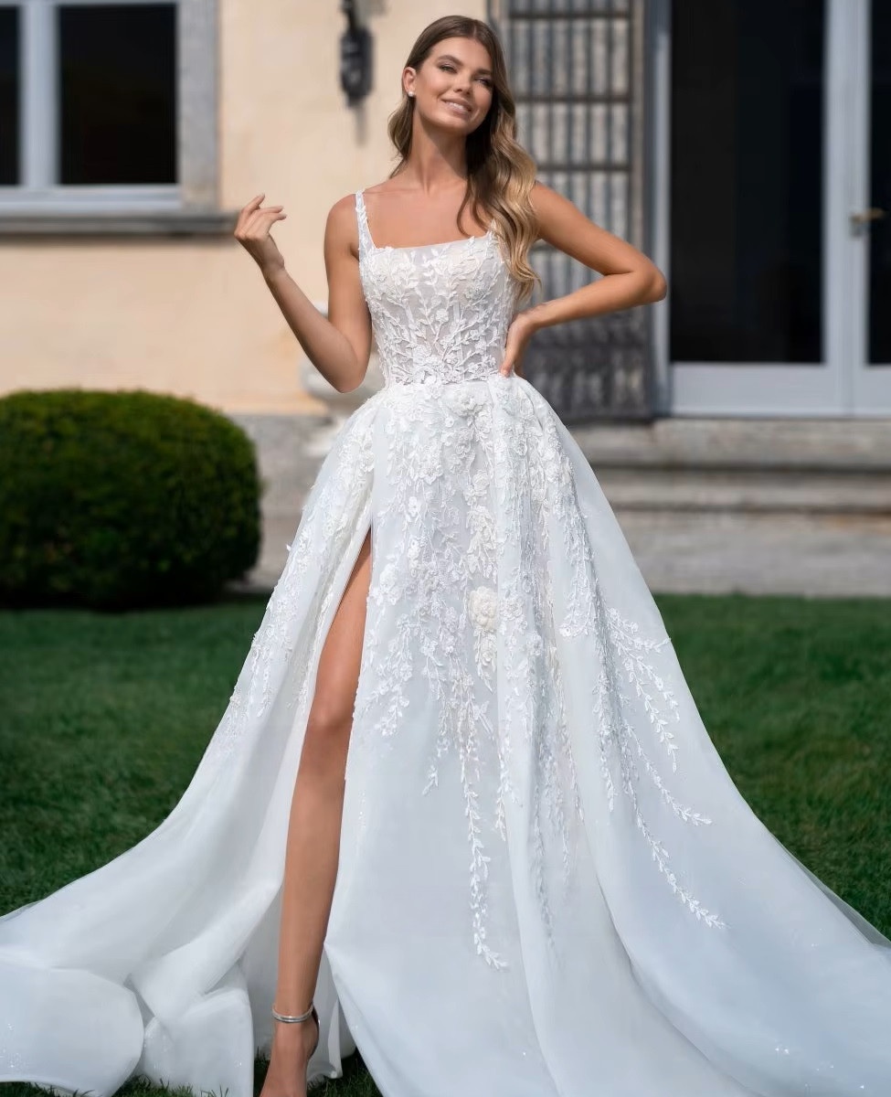 SoDigne Luxury A-line Wedding Dresses Square Collar Sleeveless Bridal Gown Beach Backless Appliques Tulle Split Bridal Dress 1 SoDigne Luxury A-line Wedding Dresses Square Collar Sleeveless Bridal Gown Beach Backless Appliques Tulle Split Bridal Dress
