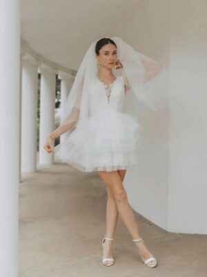 SoDigne Short Tulle Wedding Dresses V-neck Sleeveless Appliques Tiered Bridal Dress 2025 Mini A-line Customized Bride Gown 7 S5e26f5b7ef214d0aac54494a2d546178o Cropped