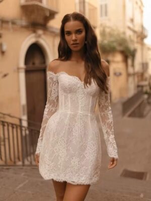 Boho Mermaid Mini Long Sleeves Wedding Dress Lace Appliques Sexy Strapless Pleated Open Back with Zipper Bridal Grown Customized