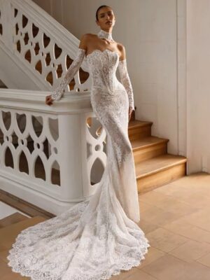 LORIE Vintage Lace Mermaid Wedding Dress Sexy Off Shoulder Long Sleeve Bridal PartryGown Backless Princess Bride Gown Customized
