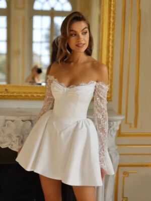 Simple Mini Lace Wedding Dress Vintage Strapless Formal Pleat Off Shoulder Sequined Ball Gowns Sexy Backless Lace Up Customized