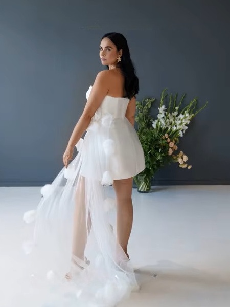 Simple Short Mermaid Wedding Dress Sexy Strapless Sleeveless Backless Dresses Pleat Tulle Flowers Illusion Mini Gowns Customized 2 Simple Short Mermaid Wedding Dress Sexy Strapless Sleeveless Backless Dresses Pleat Tulle Flowers Illusion Mini Gowns Customized - Image 2