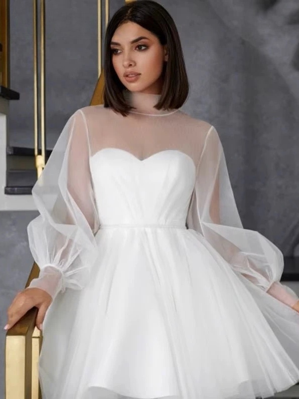 White Short Wedding Dresses for Women 2025 Bride A Line Wedding Gown Long Puff Sleeve Illusion High Collar Sweetie Customized 3 White Short Wedding Dresses for Women 2025 Bride A Line Wedding Gown Long Puff Sleeve Illusion High Collar Sweetie Customized - Image 3