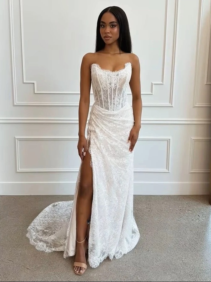 SoDigne Mermaid Lace Wedding Dresses Strapless Sleeveless Bridal Dress Customized Women Split Long Wedding Gown 1 SoDigne Mermaid Lace Wedding Dresses Strapless Sleeveless Bridal Dress Customized Women Split Long Wedding Gown