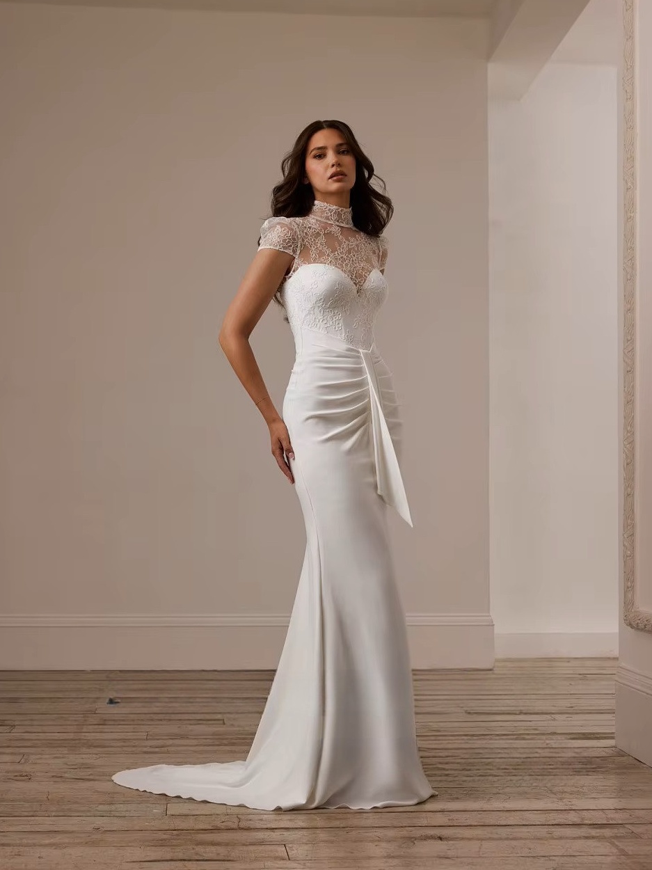 SoDigne Mermaid Lace/Satin Bride Dresses High Neck Short Sleeves Wedding Dress Long Bridal Gowns vestidos de novia Customized 1 SoDigne Mermaid Lace/Satin Bride Dresses High Neck Short Sleeves Wedding Dress Long Bridal Gowns vestidos de novia Customized