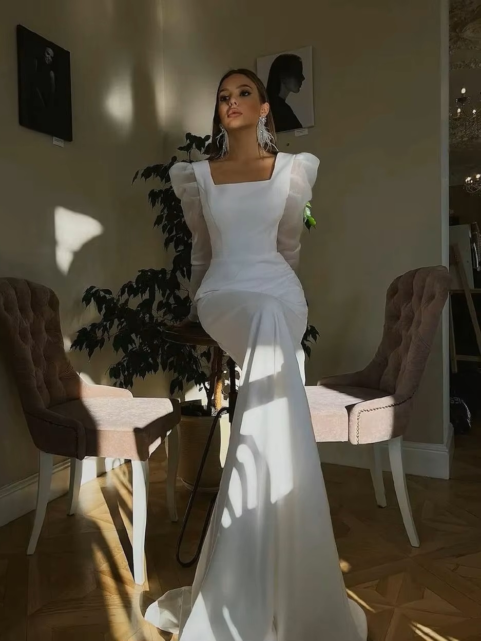 SoDigne Classic Satin Wedding Dresses Mermaid Puff Sleeves Square Neck Bridal Gown With Button Wedding Party Dress 3 SoDigne Classic Satin Wedding Dresses Mermaid Puff Sleeves Square Neck Bridal Gown With Button Wedding Party Dress - Image 3