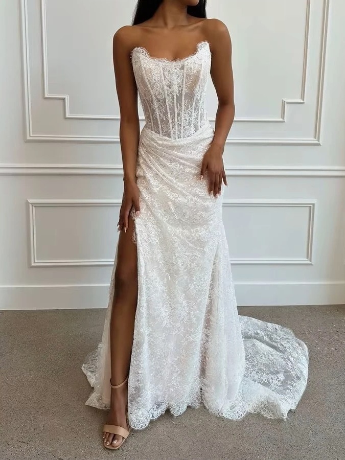 SoDigne Mermaid Lace Wedding Dresses Strapless Sleeveless Bridal Dress Customized Women Split Long Wedding Gown 2 SoDigne Mermaid Lace Wedding Dresses Strapless Sleeveless Bridal Dress Customized Women Split Long Wedding Gown - Image 2