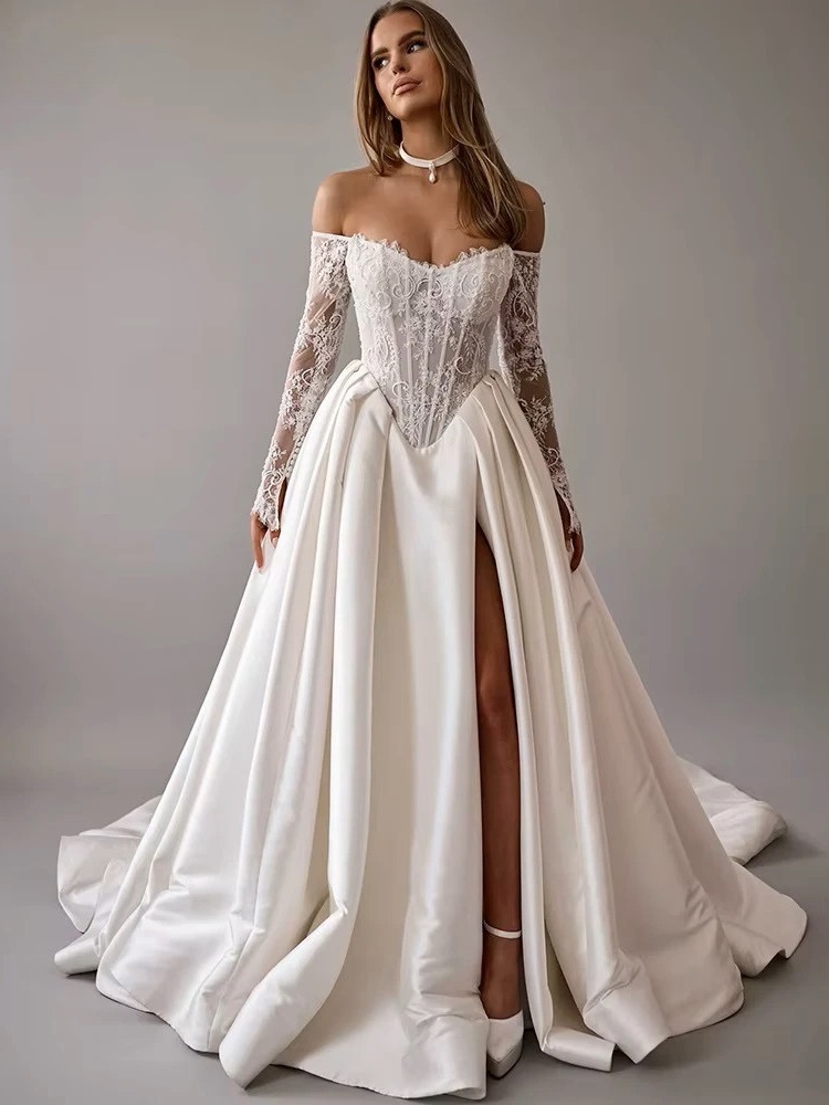 LORIE Vintage Lace Wedding Dress A-Line Off Shoulder Applique Long Sleeve Bridal Gown Princess Slit Corset Bride Gown Customized 1 LORIE Vintage Lace Wedding Dress A-Line Off Shoulder Applique Long Sleeve Bridal Gown Princess Slit Corset Bride Gown Customized