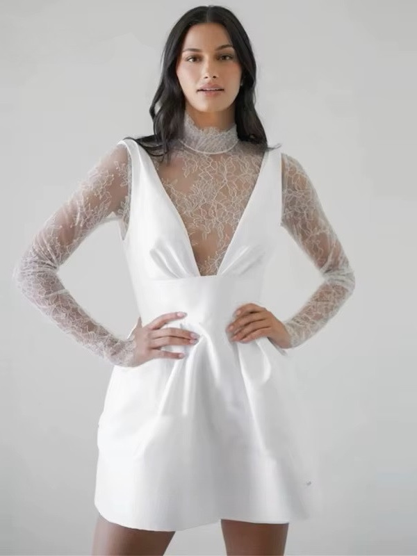 Customized Simple Mini Satin Lace Wedding Dress Pleat Long Sleeves Sexy High Neck Illusion With Button Short Wedding Gown 2025 3 Customized Simple Mini Satin Lace Wedding Dress Pleat Long Sleeves Sexy High Neck Illusion With Button Short Wedding Gown 2025 - Image 3