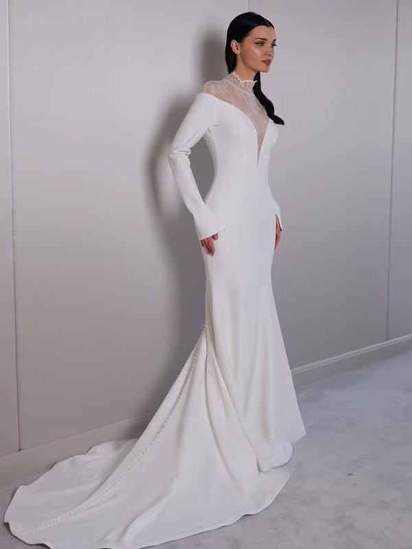 SoDigne Mermaid Lace/Satin Bride Dresses High Neck Full Sleeves Wedding Dress Long Bridal Gowns vestidos de novia Customized 2 SoDigne Mermaid Lace/Satin Bride Dresses High Neck Full Sleeves Wedding Dress Long Bridal Gowns vestidos de novia Customized - Image 2