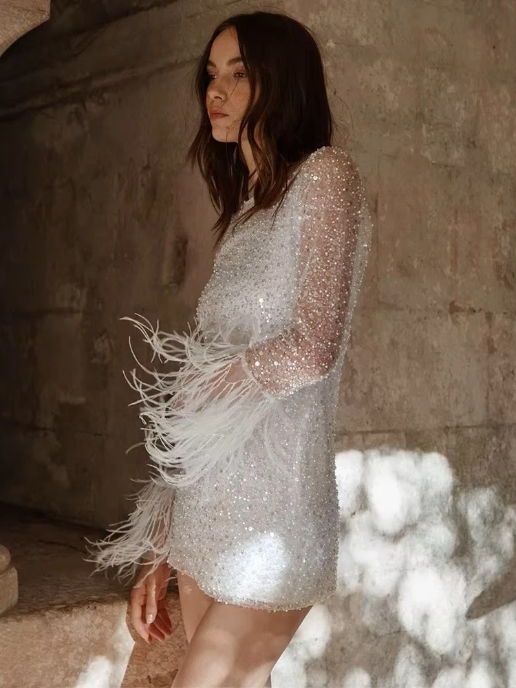 Luxury Glitter Sheath Short Wedding Dress For women Long Sleeves with Fur O-neck Bridal Gowns Shiny Sequin Vestido de Novia 2024 2 Luxury Glitter Sheath Short Wedding Dress For women Long Sleeves with Fur O-neck Bridal Gowns Shiny Sequin Vestido de Novia 2024 - Image 2