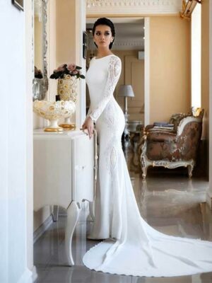 SoDigne Muslim Mermaid Satin Lace Wedding Dresses For Women 2023 Long Sleeves Arabic Bridal Dress Elegant Bride Gown Customized