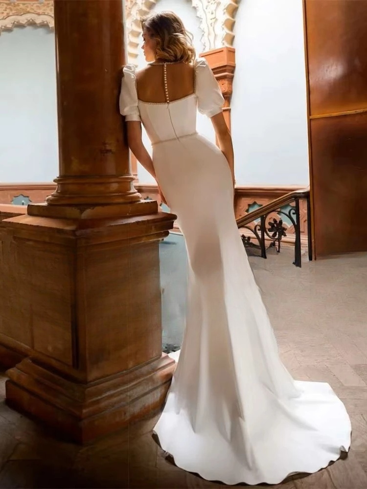 Classic Mermaid Wedding Dress Women Short Puff Sleeve Square Collar Illusion Back Bridal Gown Train Vestidos De Noiva Customized 2 Classic Mermaid Wedding Dress Women Short Puff Sleeve Square Collar Illusion Back Bridal Gown Train Vestidos De Noiva Customized - Image 2
