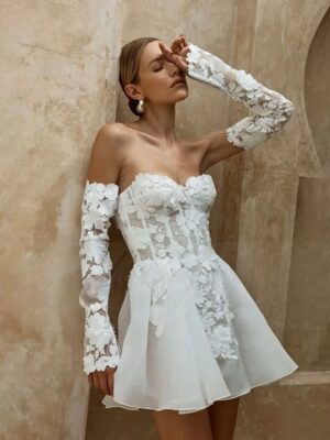 Civil Short Boho Wedding Dresses Appliques Half Sleeve sweetheart Mini Wedding Gowns For Bride Floral Print Robe 2025 Customized 5 Sa201577bc01540139705c8084588bbedF Cropped