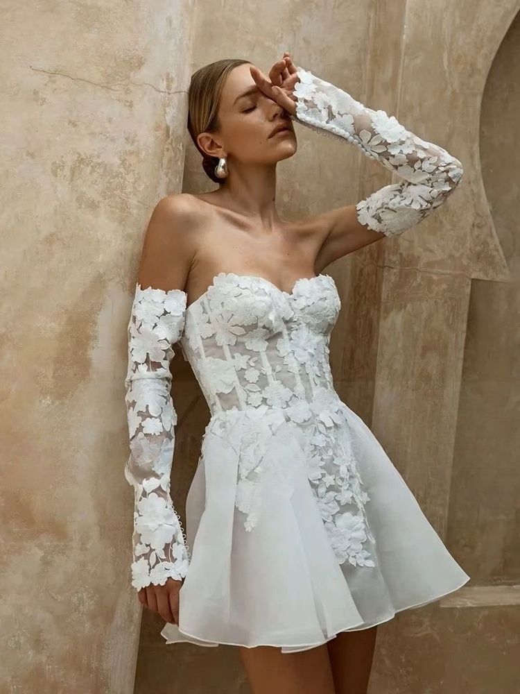 Civil Short Boho Wedding Dresses Appliques Half Sleeve sweetheart Mini Wedding Gowns For Bride Floral Print Robe 2025 Customized 3 Civil Short Boho Wedding Dresses Appliques Half Sleeve sweetheart Mini Wedding Gowns For Bride Floral Print Robe 2025 Customized - Image 3