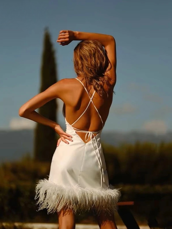 Vintage 2-Piece Lace Wedding Dress Simple Long Lantern Sleeves Mini Bride Dress Sexy V-Neck Backless Pleated Feathers Customized 2 Vintage 2-Piece Lace Wedding Dress Simple Long Lantern Sleeves Mini Bride Dress Sexy V-Neck Backless Pleated Feathers Customized - Image 2