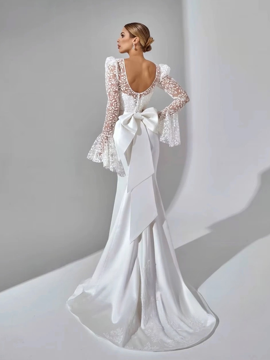 SoDigne Mermaid Satin Bride Dresses Appliques Full Sleeves Wedding Dress Long Bridal Gowns with Bow Robe De Mairee Customized 3 SoDigne Mermaid Satin Bride Dresses Appliques Full Sleeves Wedding Dress Long Bridal Gowns with Bow Robe De Mairee Customized - Image 3