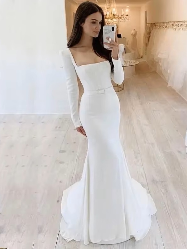 SoDigne Elegant Wedding Dress Mermaid Square Neckline Long Sleeves Backless Satin Bridal Dress Brides Gowns For Women 2 SoDigne Elegant Wedding Dress Mermaid Square Neckline Long Sleeves Backless Satin Bridal Dress Brides Gowns For Women - Image 2