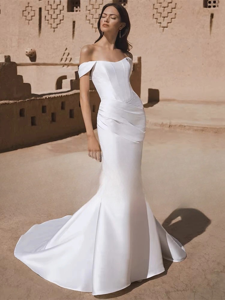 BIGDAY Satin Mermaid Wedding Dress Women 2025 Off The Shoulder Open Back Pleat Boat-Neck Bridal Gown Vestido De Noiva Customized 3 BIGDAY Satin Mermaid Wedding Dress Women 2025 Off The Shoulder Open Back Pleat Boat-Neck Bridal Gown Vestido De Noiva Customized - Image 3