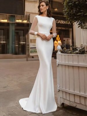 Elegant Long Sleeve Wedding Dress 2025 Mermaid Open Back Satin Backless O-Neck Bridal Gown  Lace Up Vestido De Novia Customized