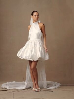 Simple Ivory Satin Mini Wedding Dress Sleeveless Pleat Halter Ball Gown Sexy Backless with Lace Up Short Bride Dress Customized