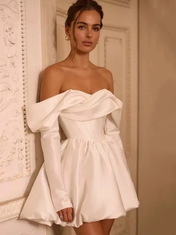 Simple Short A-Line Ivory Wedding Dresses Elegant Mini Long Sleeves Strapless Wedding Gowns For Bride Sexy Backless Customized 2 Simple Short A-Line Ivory Wedding Dresses Elegant Mini Long Sleeves Strapless Wedding Gowns For Bride Sexy Backless Customized - Image 2