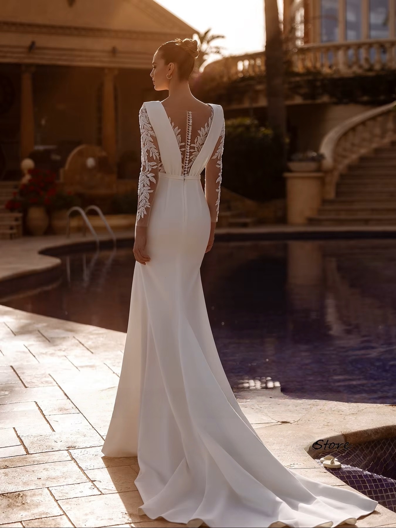 SoDigne Mermaid Satin Appliques Wedding Dresses Full Sleeves O-neck Bride Dress Wedding Gowns vestidos de novia Customized 2 SoDigne Mermaid Satin Appliques Wedding Dresses Full Sleeves O-neck Bride Dress Wedding Gowns vestidos de novia Customized - Image 2