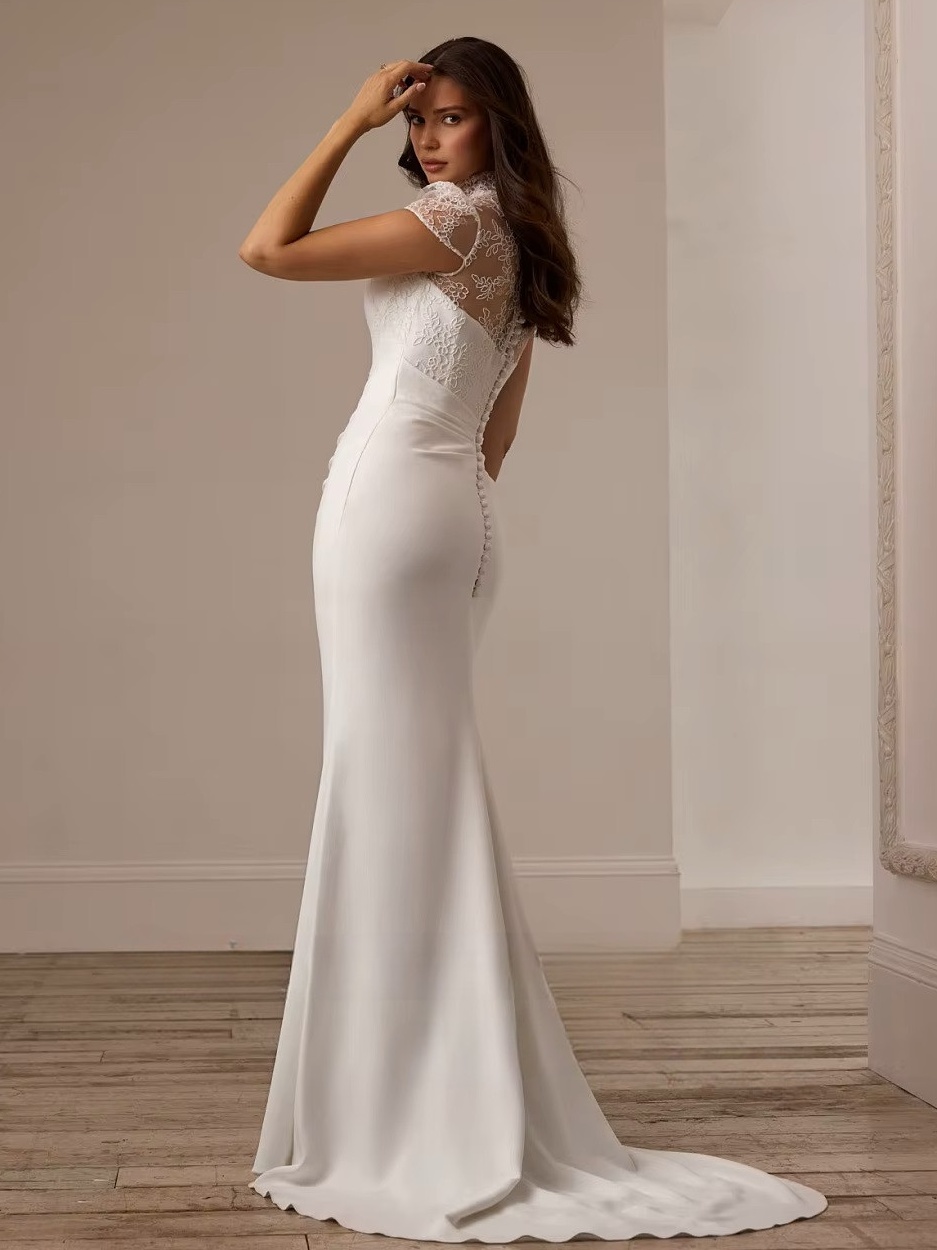 SoDigne Mermaid Lace/Satin Bride Dresses High Neck Short Sleeves Wedding Dress Long Bridal Gowns vestidos de novia Customized 2 SoDigne Mermaid Lace/Satin Bride Dresses High Neck Short Sleeves Wedding Dress Long Bridal Gowns vestidos de novia Customized - Image 2