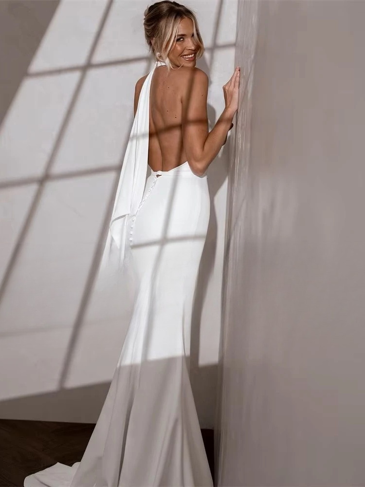 Elegant Mermaid Wedding Dress V-Neck Halter Open Back Simple Buttons Pleat Bridal Gown Sweep Train Vestidos De Noiva Customized 3 Elegant Mermaid Wedding Dress V-Neck Halter Open Back Simple Buttons Pleat Bridal Gown Sweep Train Vestidos De Noiva Customized - Image 3