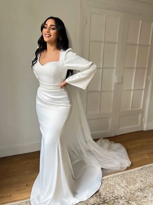 SoDigne Mermaid Satin Wedding Dresses Full Sleeves Sweetheart Elegant Bridal Dress Wedding Gown Bow Robe De Mairee Customized 1 SoDigne Mermaid Satin Wedding Dresses Full Sleeves Sweetheart Elegant Bridal Dress Wedding Gown Bow Robe De Mairee Customized