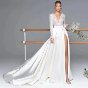 Luxury Long Sleeve Satin Wedding Dress Deep V-Neck Side Split Bridal Gown Vestido De Novia Train Vestidos De Novia Customized 7 Sd20c6af90c684cf49ae5dd9f36aee4f2r