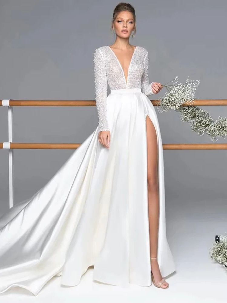 Luxury Long Sleeve Satin Wedding Dress Deep V-Neck Side Split Bridal Gown Vestido De Novia Train Vestidos De Novia Customized 1 Luxury Long Sleeve Satin Wedding Dress Deep V-Neck Side Split Bridal Gown Vestido De Novia Train Vestidos De Novia Customized