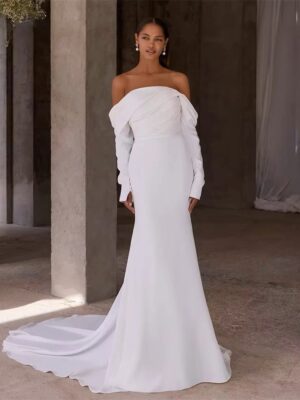 BIGDAY Long Sleeve Off The Shoulder Strapless Pleat Wedding Dress Open Back Sweep Train  Bridal Gown Vestido De Noiva Customized