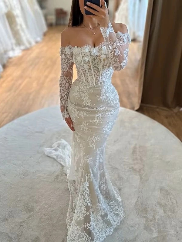 SoDigne Mermaid Lace Wedding Dresses Off Shoulder Long Sleeves Bridal Dress Boho Wedding Gown Robe De Mairee Customized 2 SoDigne Mermaid Lace Wedding Dresses Off Shoulder Long Sleeves Bridal Dress Boho Wedding Gown Robe De Mairee Customized - Image 2